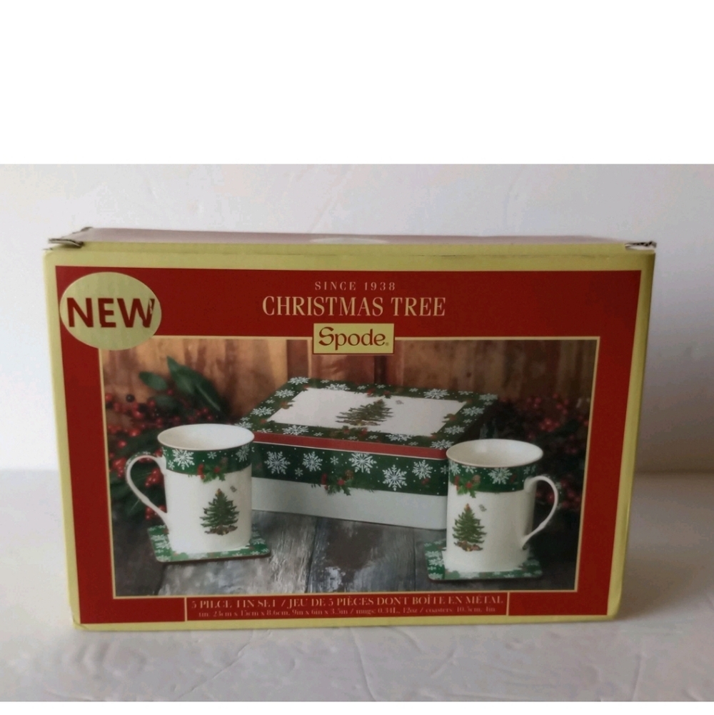 Spode Christmas Tree 5 Piece Tin Set 2018 2 Mugs 2 Coasters New In Box